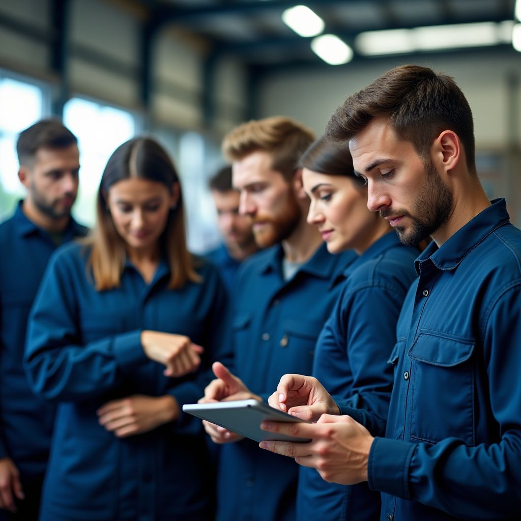 Equipo de trabajo colaborando en taller automotriz